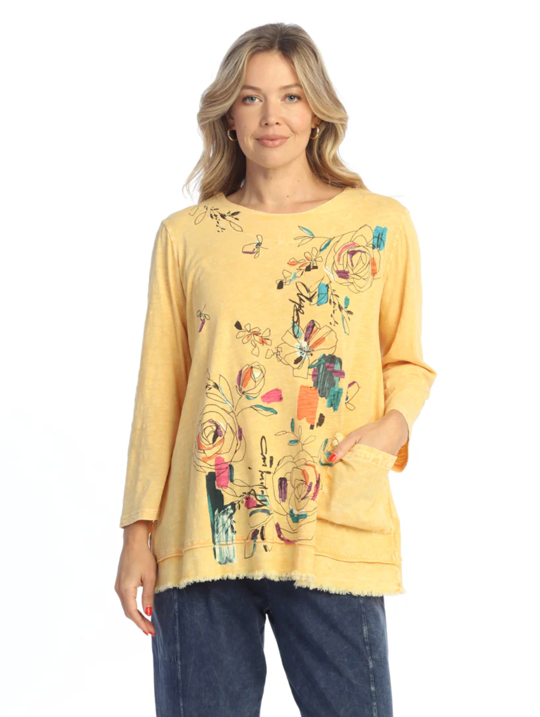 Jess & Jane Whimsy tunic, 3/4 sleeve fray hem