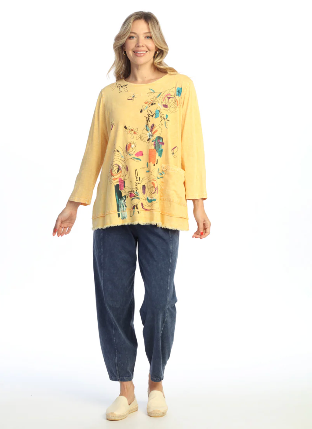 Jess & Jane Whimsy tunic, 3/4 sleeve fray hem