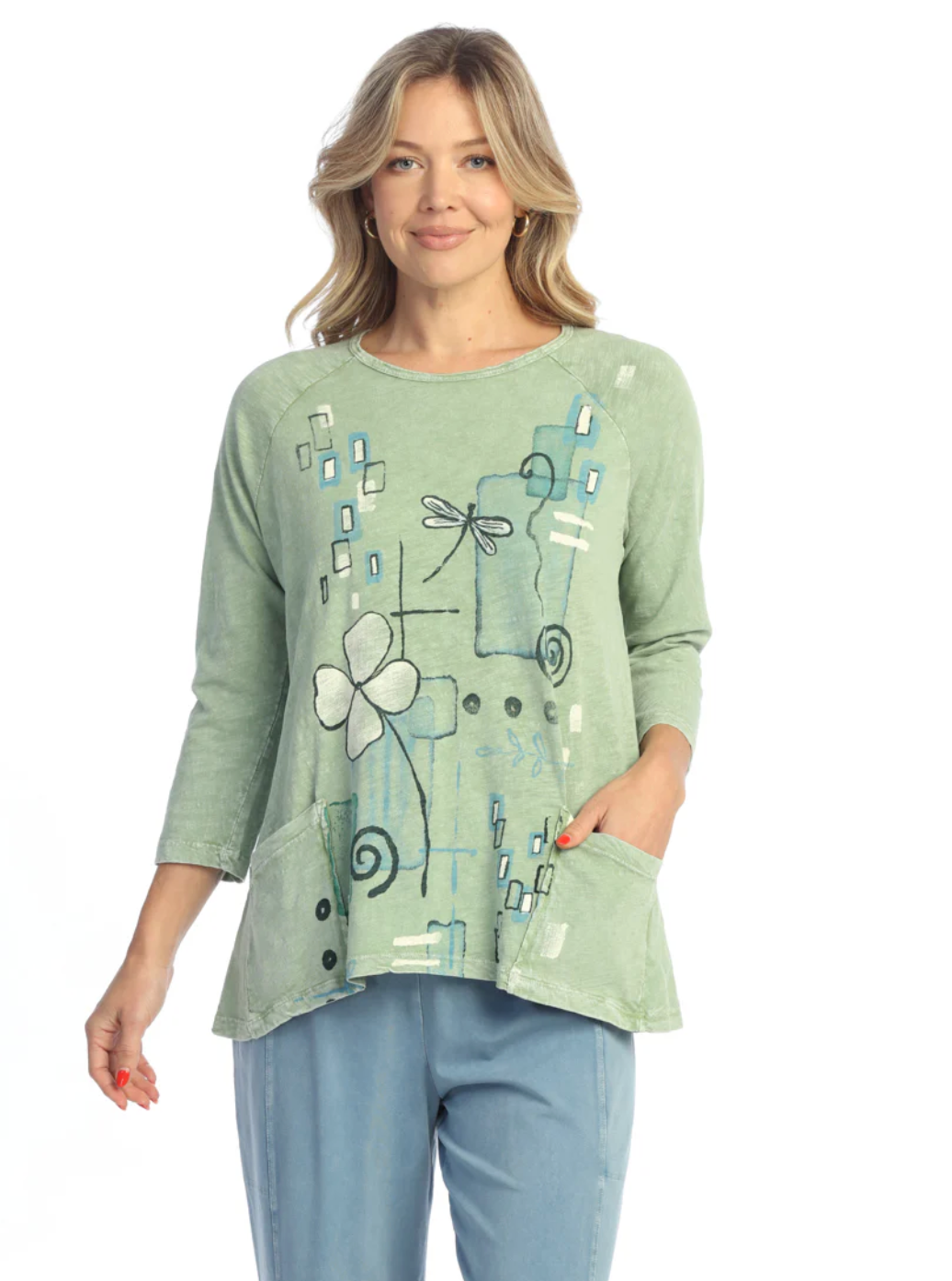 Jess & Jane Carmel tunic, 3/4 sleeve patch pockets