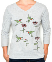 Marushka t-shirt, 3/4 sleeve v-neck Hummingbirds