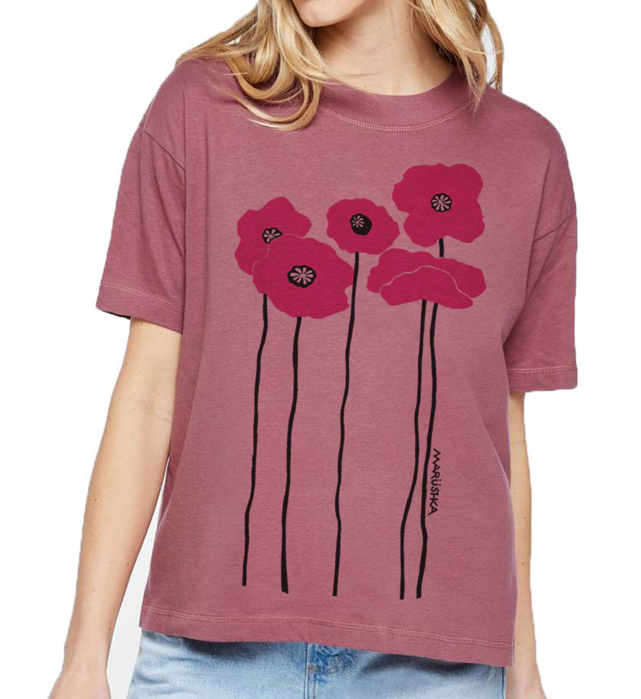 Marushka t-shirt, boxy crew Poppies on Plum