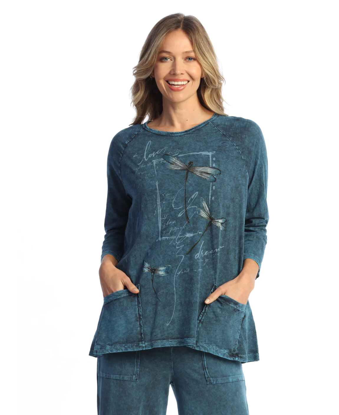 Jess & Jane Flutter tunic, 3/4 sleeve slub w/pockets