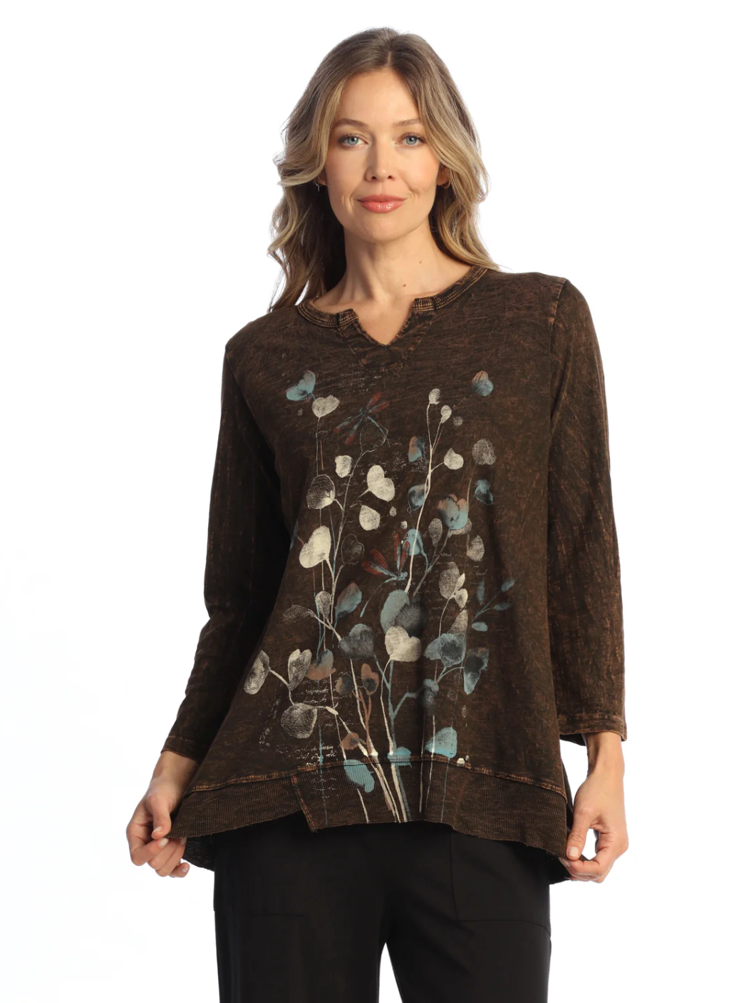 Jess & Jane Marisol tunic, 3/4 sleeve notched-vee slub