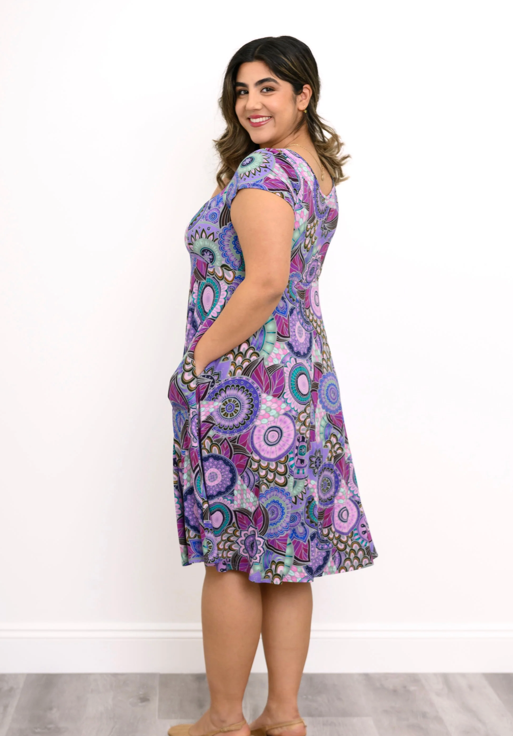 Blue Sky Lavon dress, bamboo cap-sleeve Peacock print