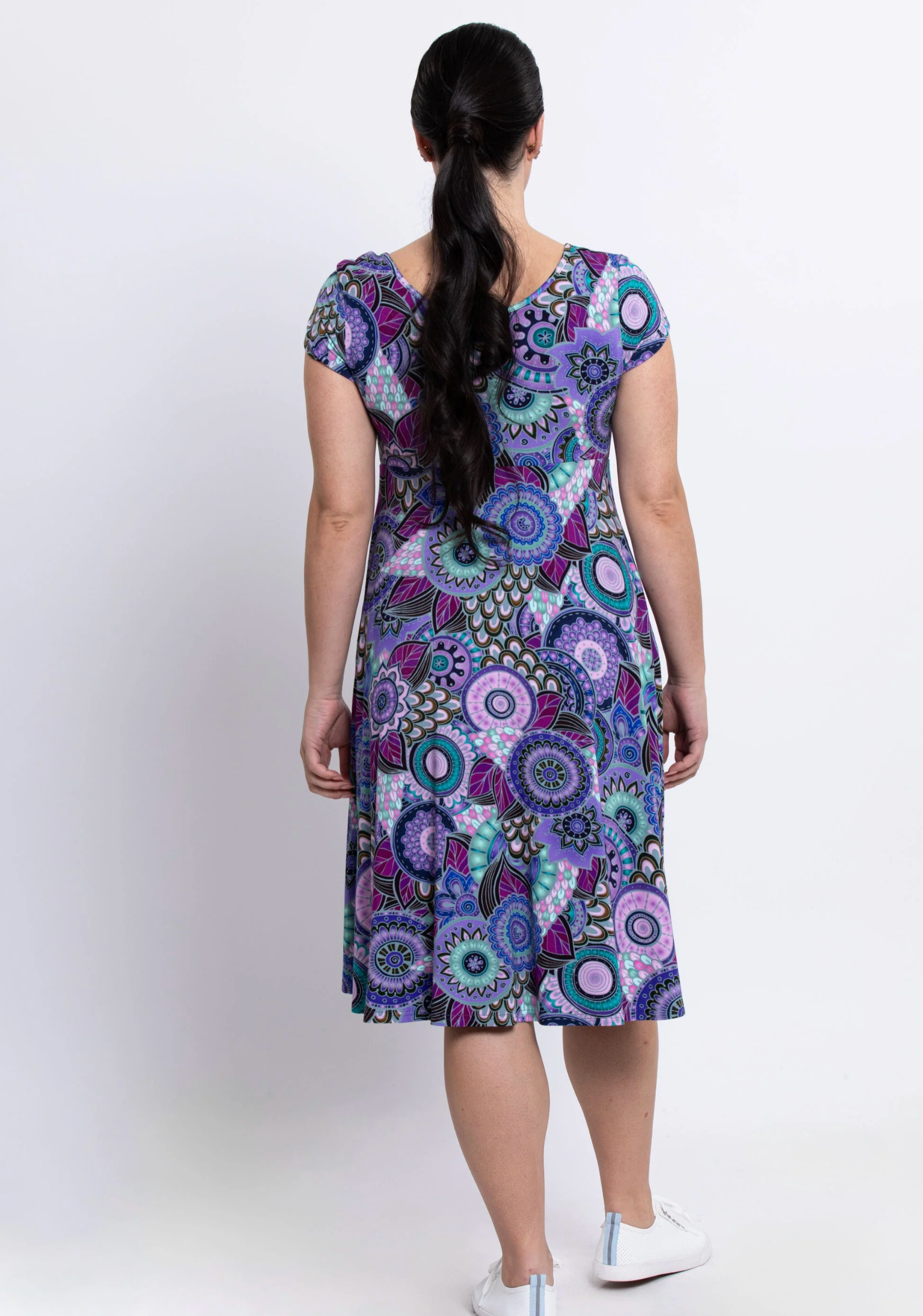 Blue Sky Lavon dress, bamboo cap-sleeve Peacock print