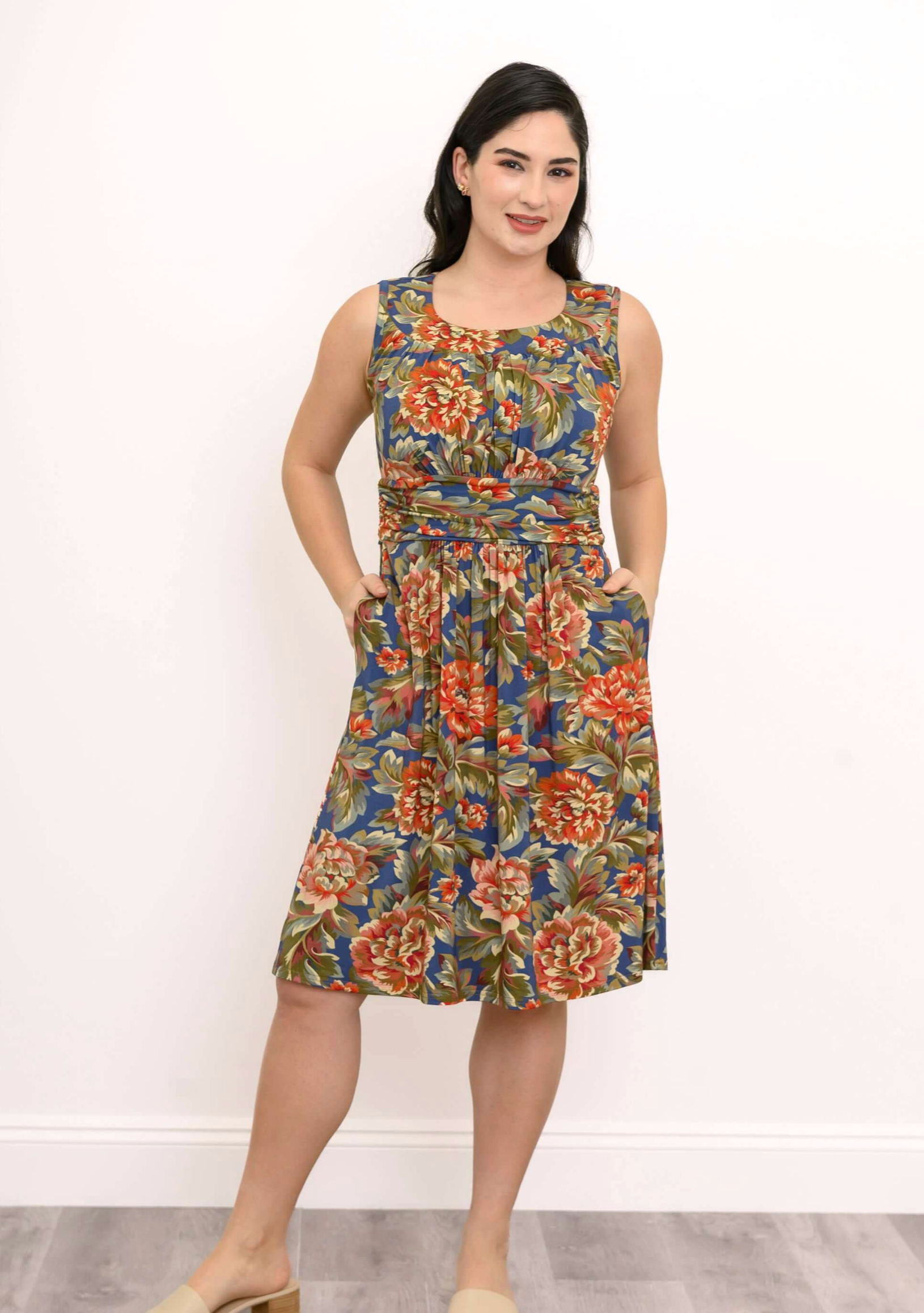 Blue Sky Roam dress, bamboo Khaki Vintage print
