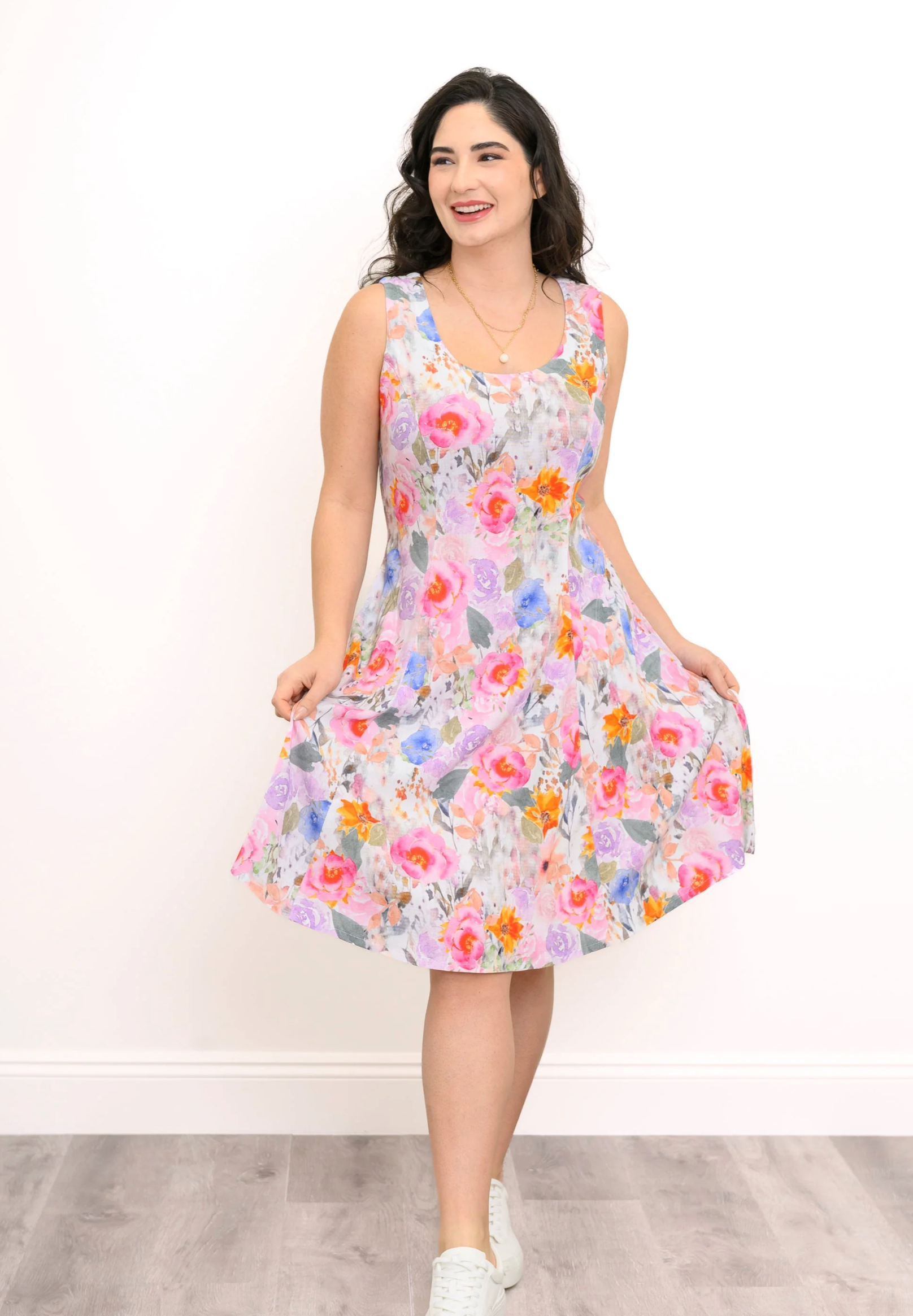 Blue Sky Sara dress, bamboo-linen Pink Bouquet print