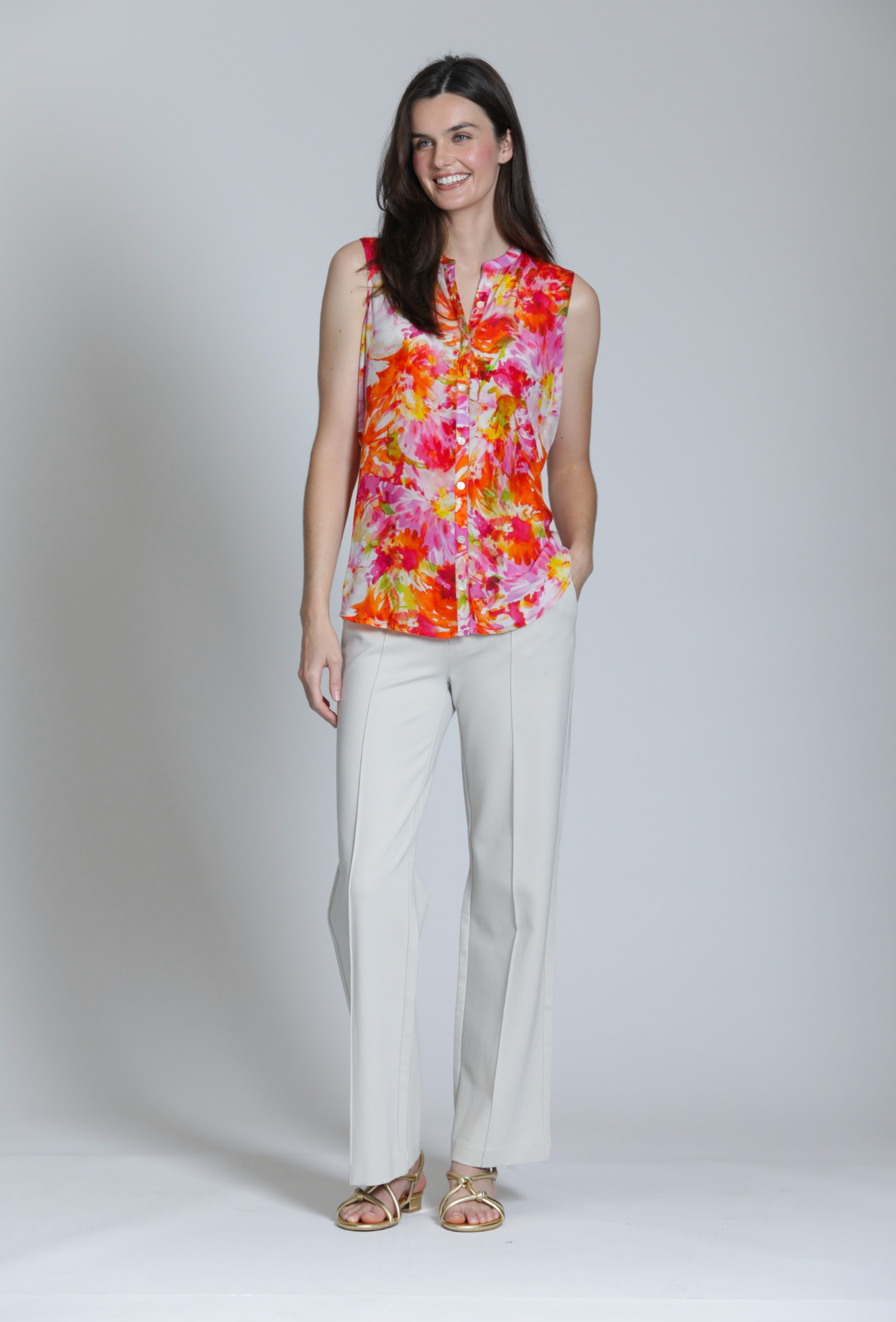 APNY shirt 536P, sleeveless button front floral print