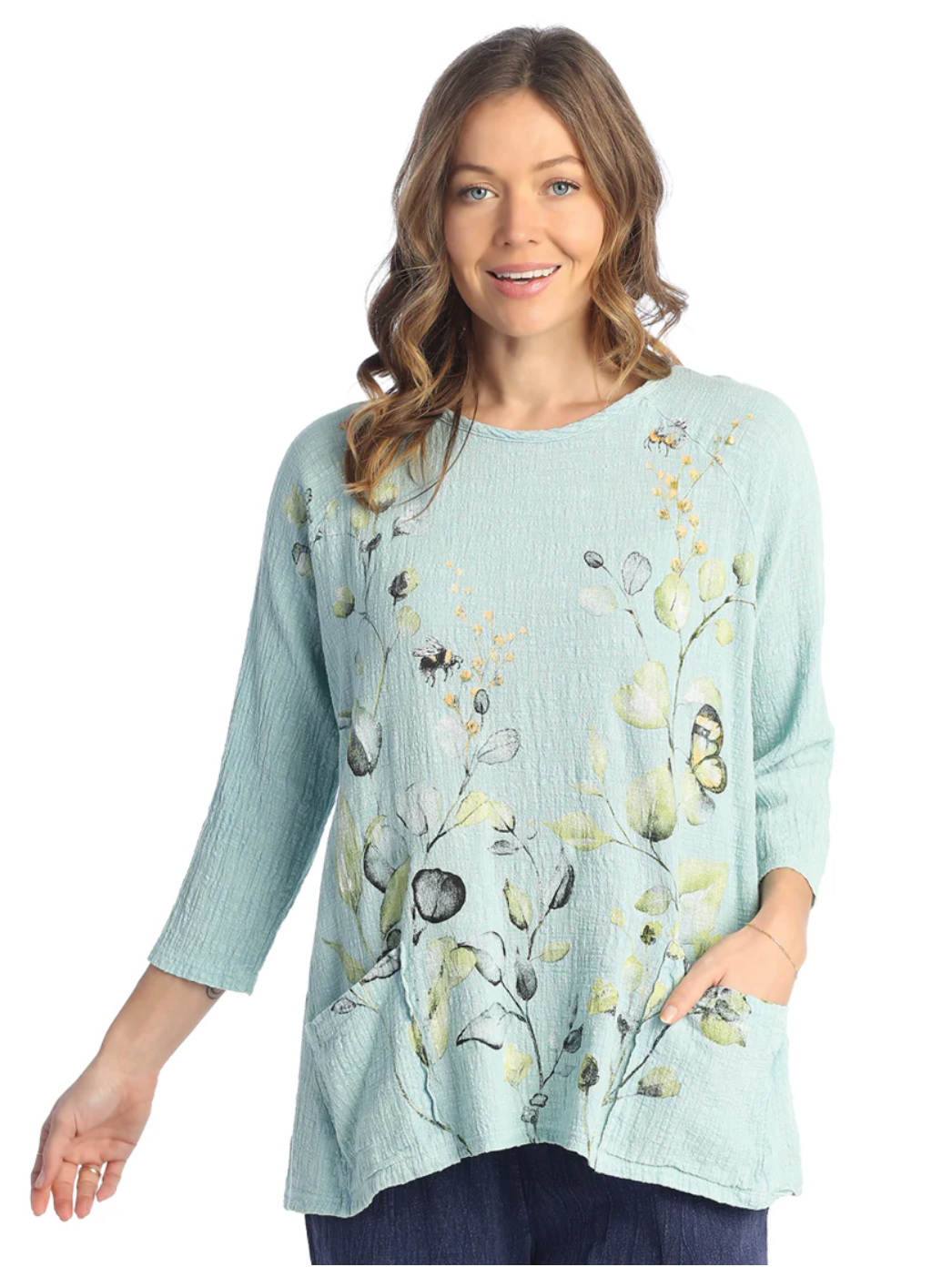 Jess & Jane Kelly tunic, 3/4 sleeve cotton gauze w/pockets