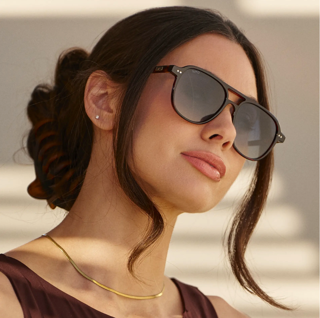 WMP Hayden polarized sunglasses, whiskey brown tortoise with blue gradient lens
