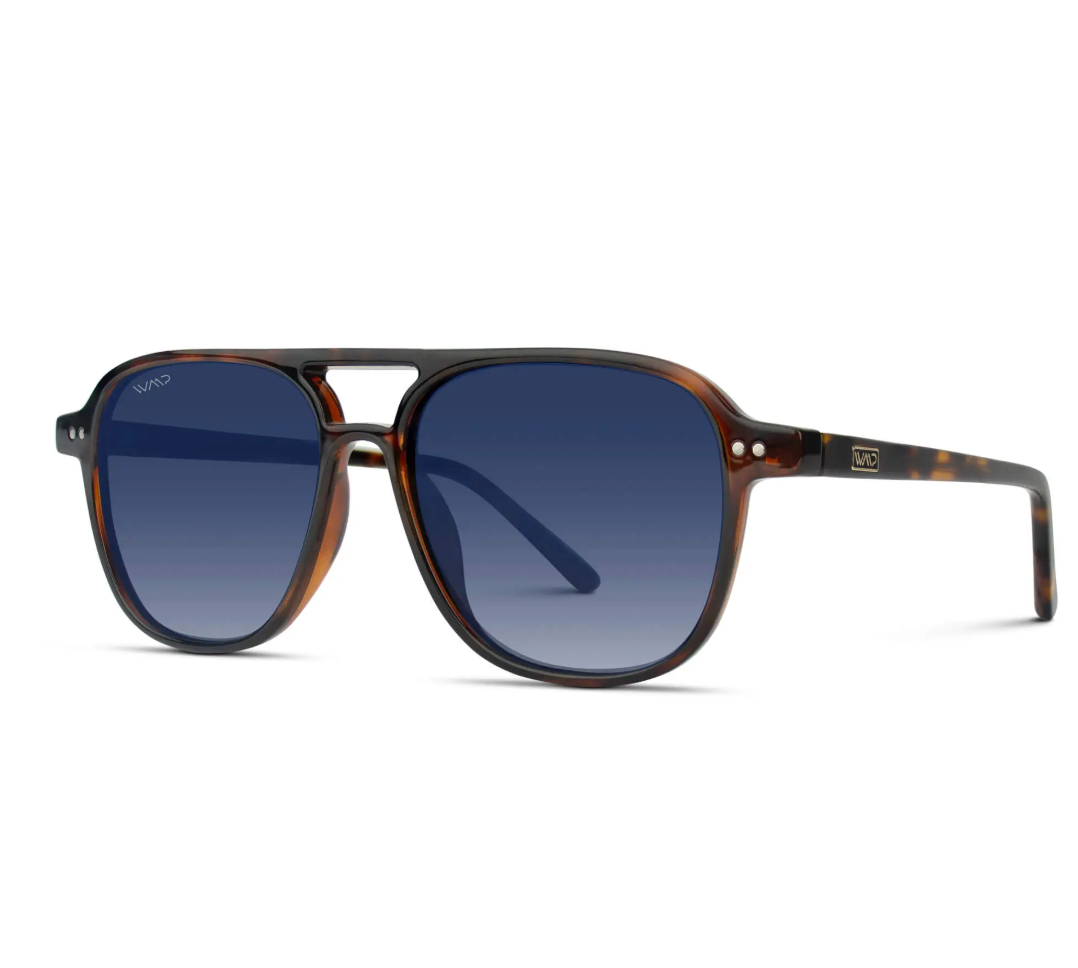 WMP Hayden polarized sunglasses, whiskey brown tortoise with blue gradient lens