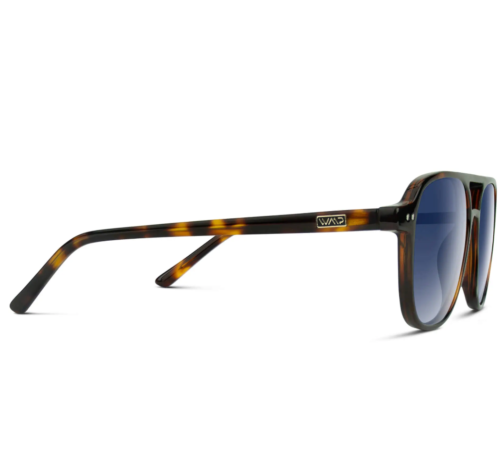 WMP Hayden polarized sunglasses, whiskey brown tortoise with blue gradient lens