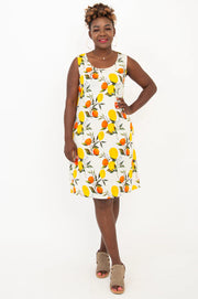 Blue Sky Velma dress, linen-bamboo Lemonade print