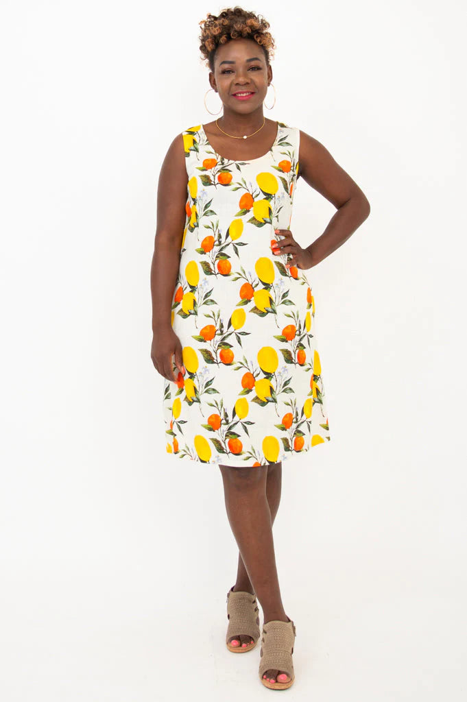 Blue Sky Velma dress, linen-bamboo Lemonade print
