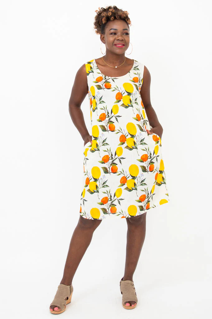 Blue Sky Velma dress, linen-bamboo Lemonade print
