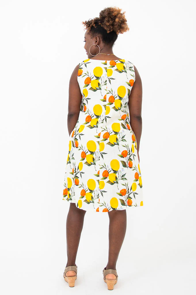 Blue Sky Velma dress, linen-bamboo Lemonade print