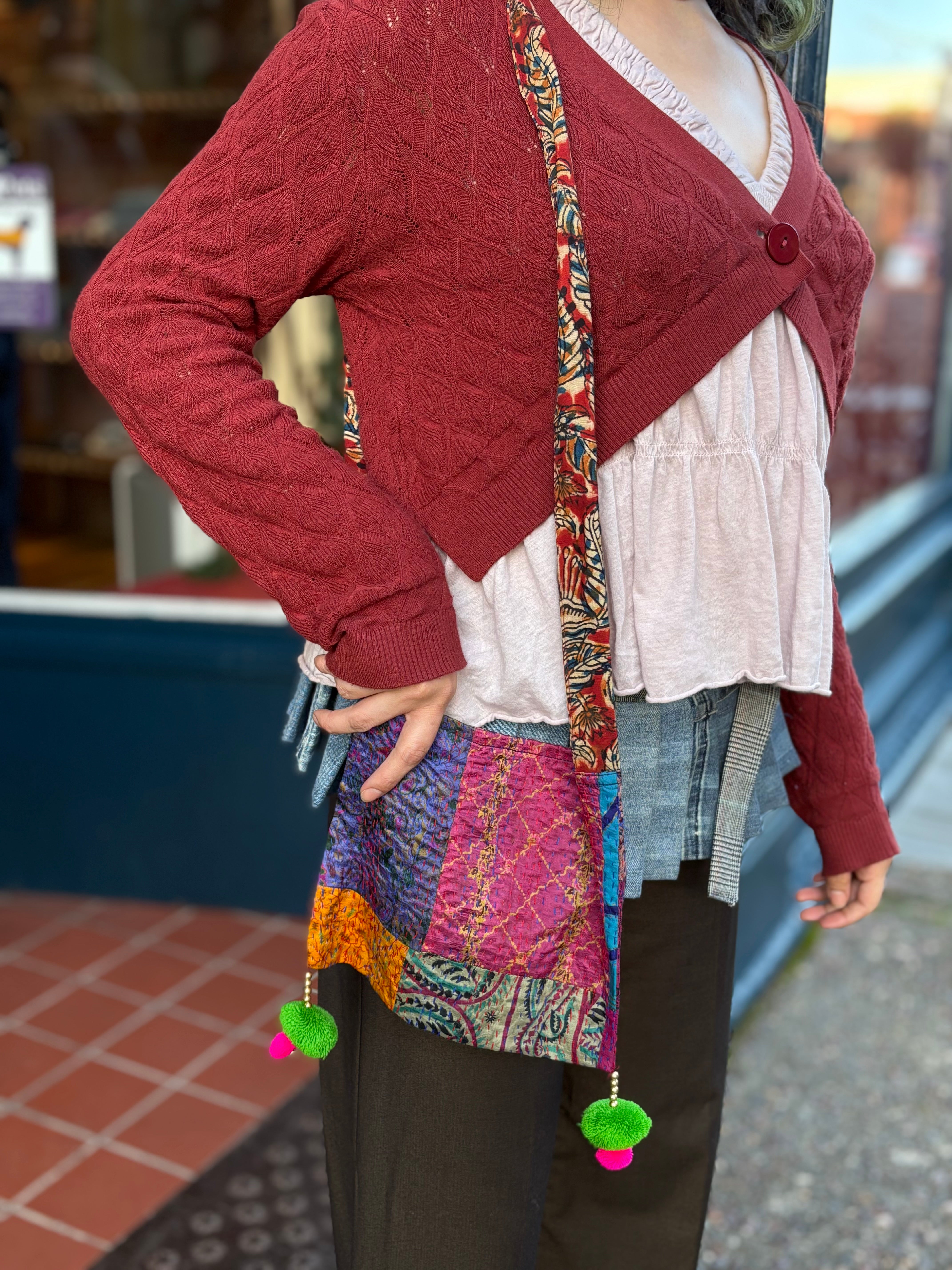 Sevya Kantha purse, silk crossbody pom pom