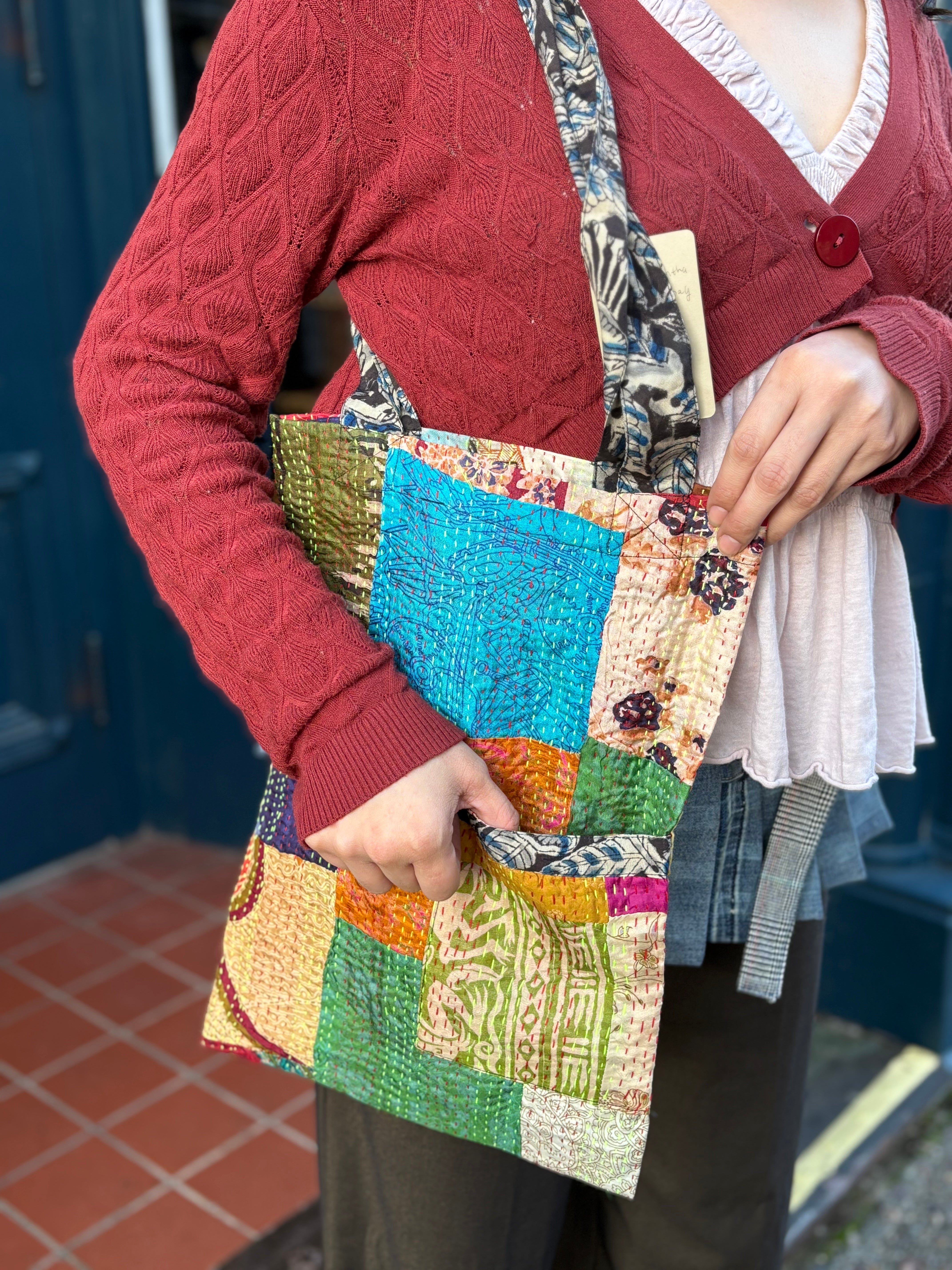 Sevya Kantha purse, silk tote with pocket