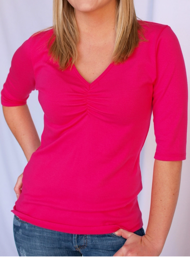 Necessitees t-shirt, shirred v-neck 3/4-sleeve (3 colors)