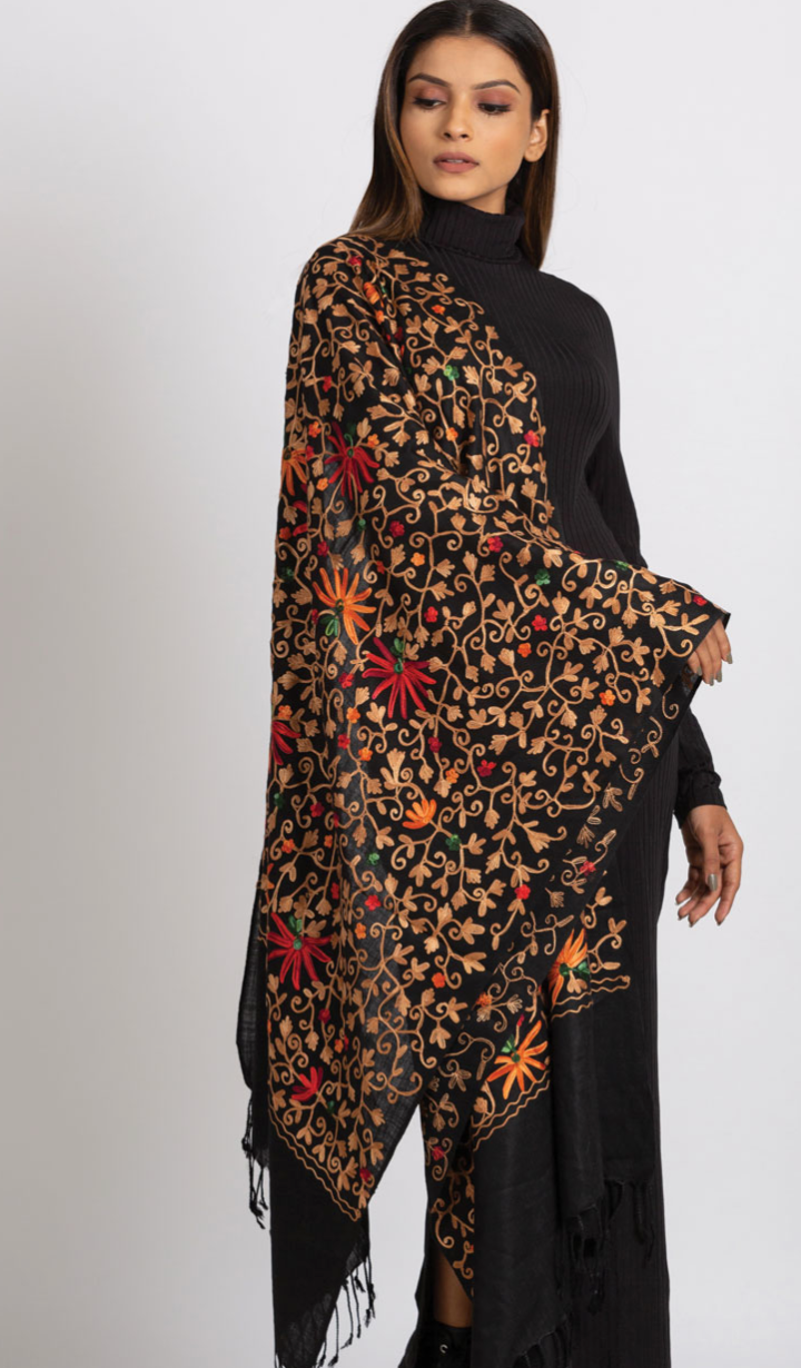 Sevya Kamal shawl, embroidered wool blend