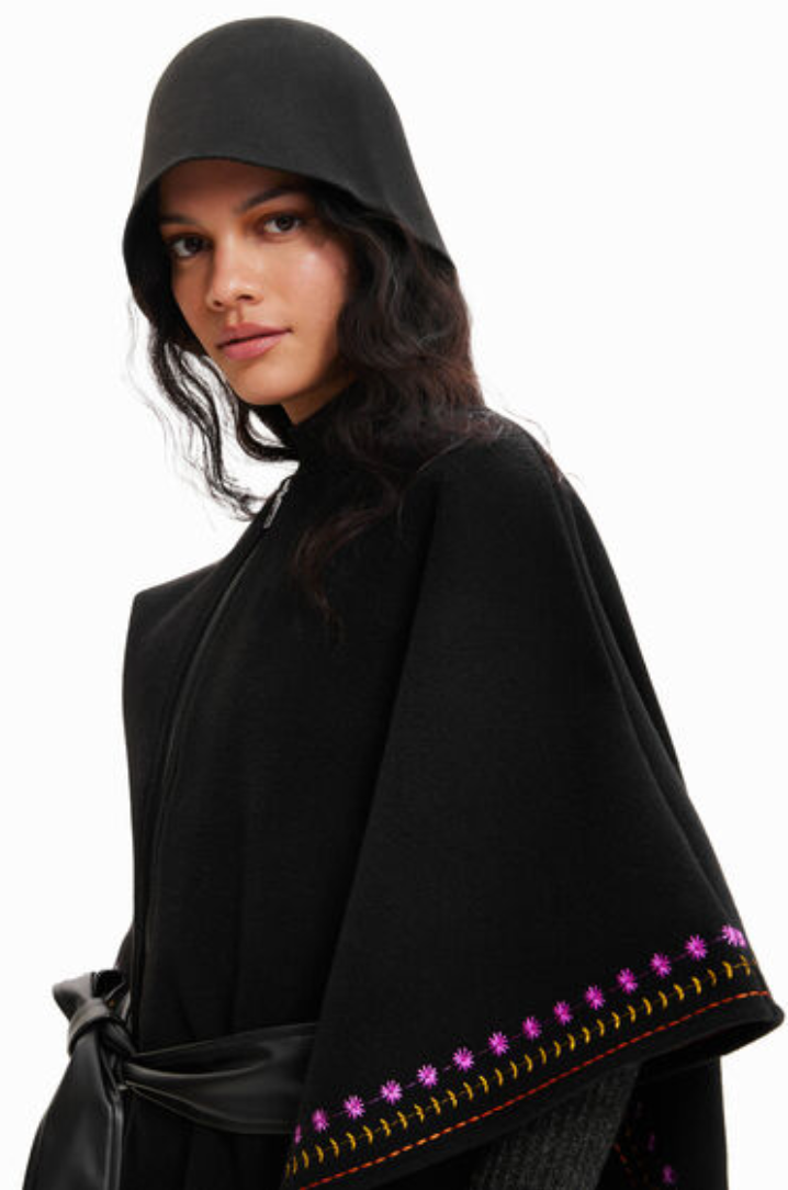 Desigual poncho/cape, belted contrast embroidery