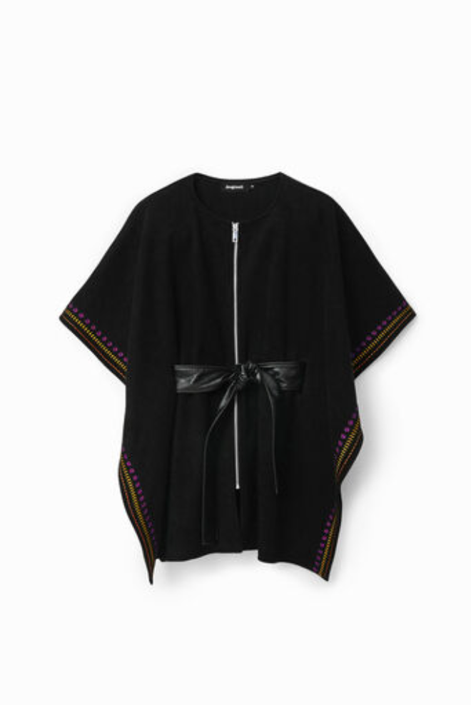 Desigual poncho/cape, belted contrast embroidery